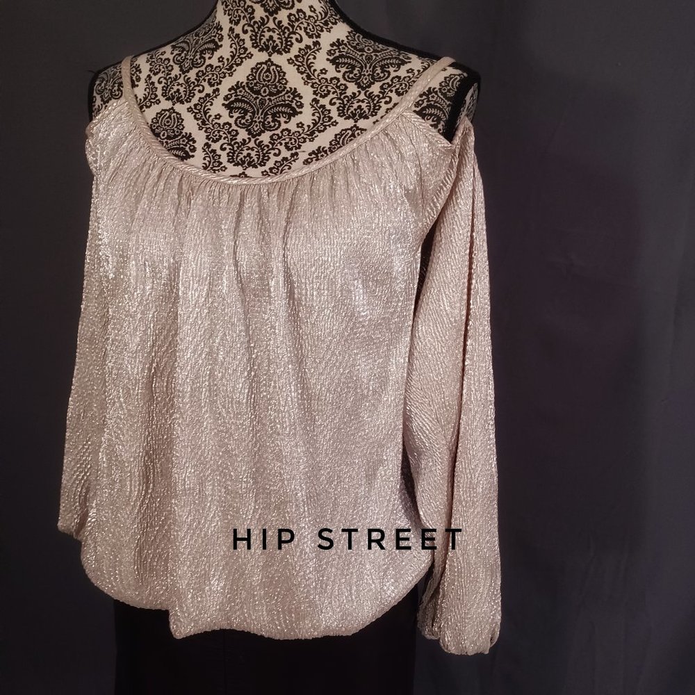 BOSTON PROPER Blouse Gold Metallic Cold Shoulder Peasant Sleeve Stretch Party M